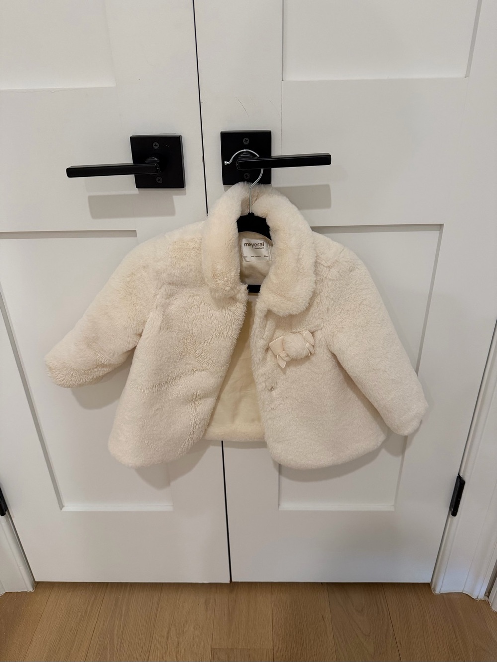 Mayoral Cream Faux Fur Girls Coat with Bow Accent